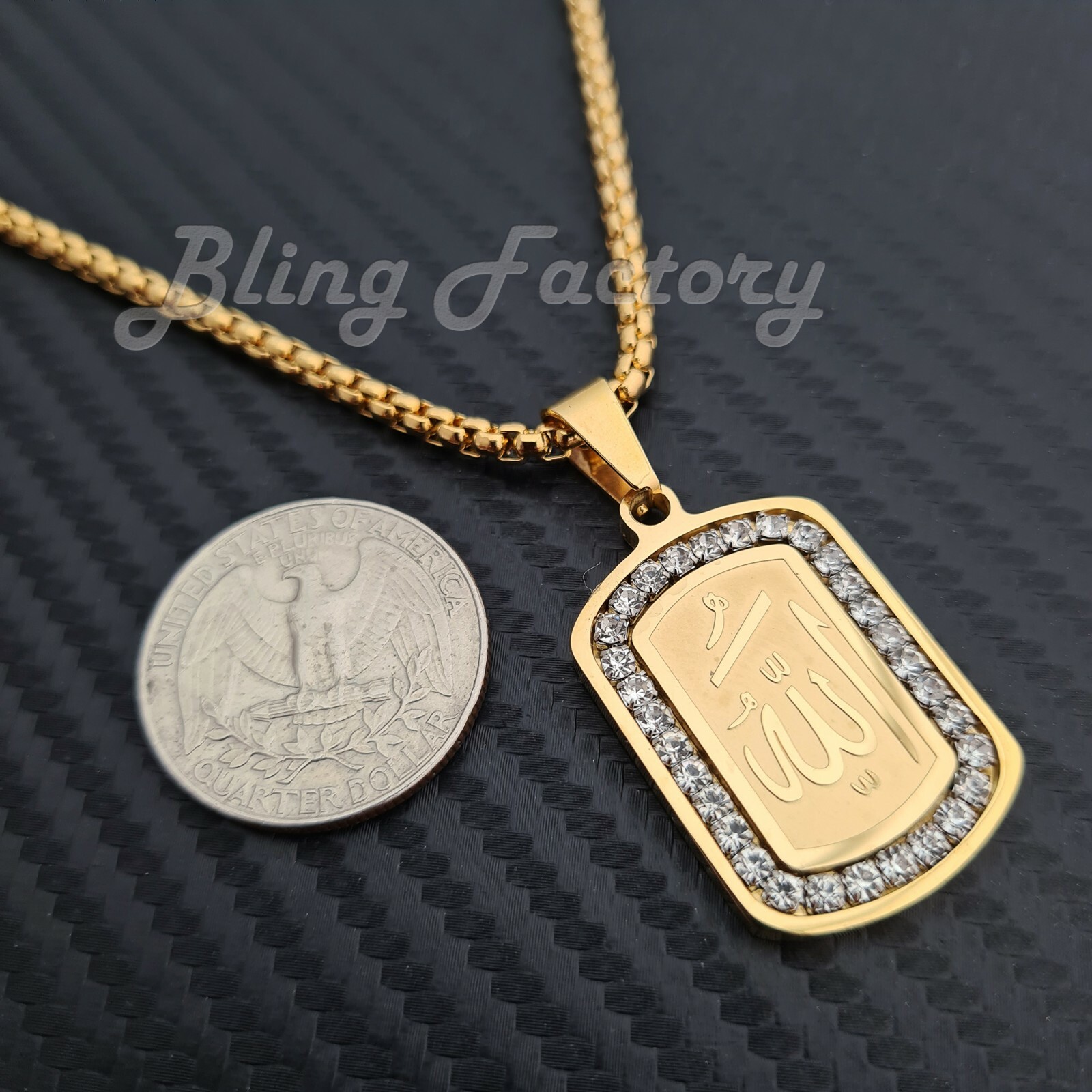 HIP HOP STAINLESS STEEL ALLAH DOG TAG PENDANT & 24″ 4mm BOX LINK CHAIN NECKLACE