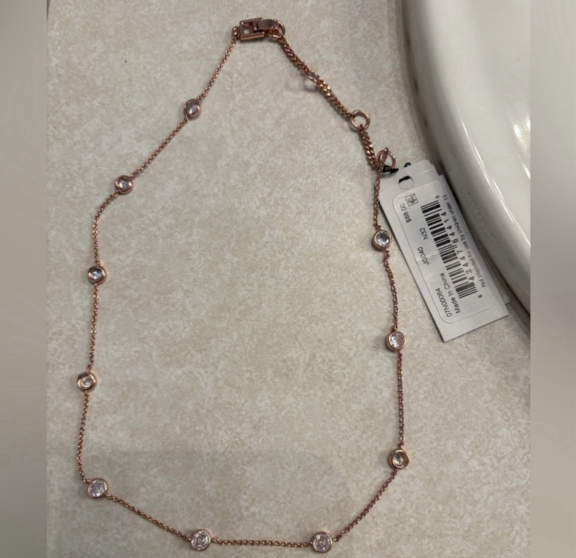 GIVENCHY Rose Gold Plated Station Necklace Crystal Bezel White/Colorless Stone
