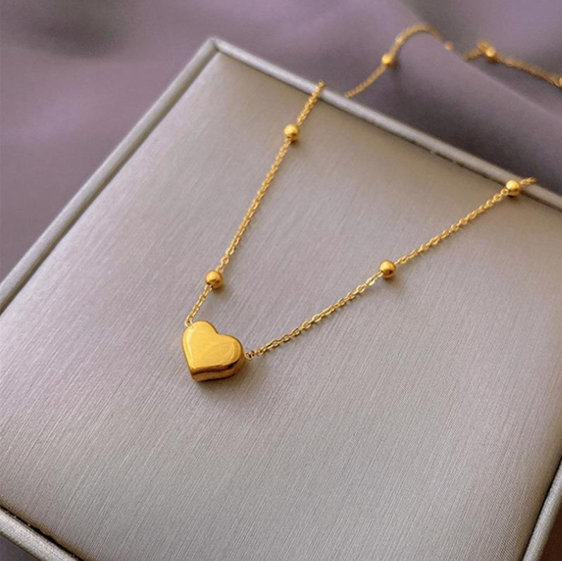 Silver Gold Stainless Steel Love Heart Shape Pendant Beads Chain Necklace PE49