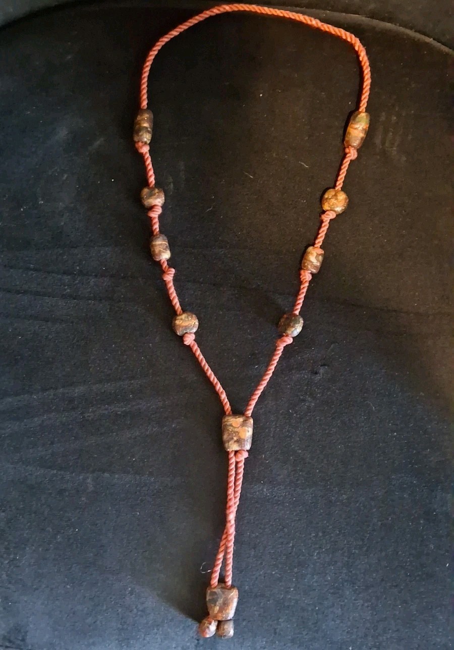 Vintage Cord Bolo Tie Lariat Necklace Wooden Beads Gold Fleck Boho Southwestern