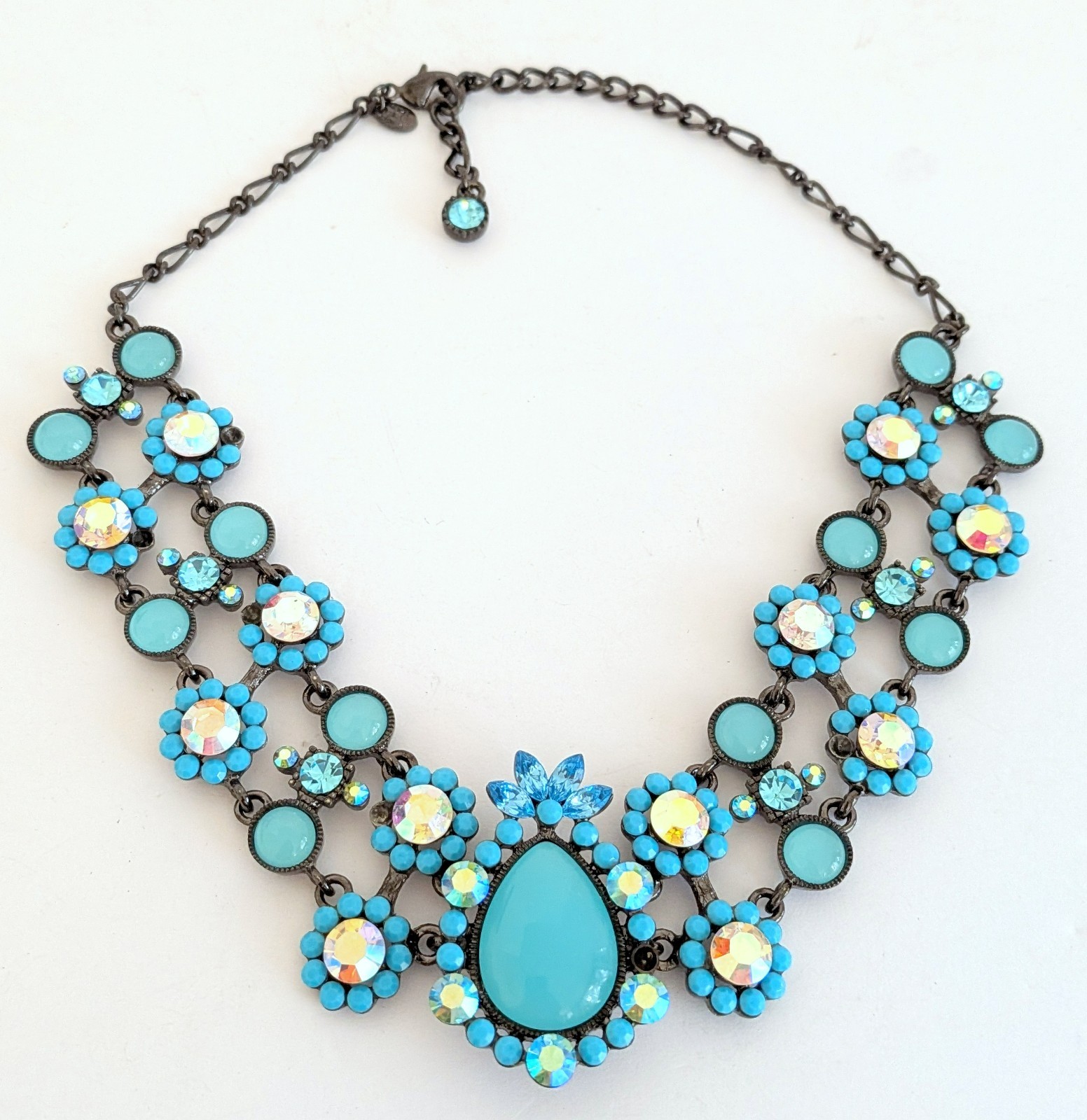 Beautiful Gunmetal Turquoise Blue Flower Statement Necklace China