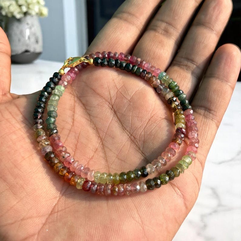AAA Multi Tourmaline Faceted Rondelle Gemstone Beads Necklace 18” Women & Girls