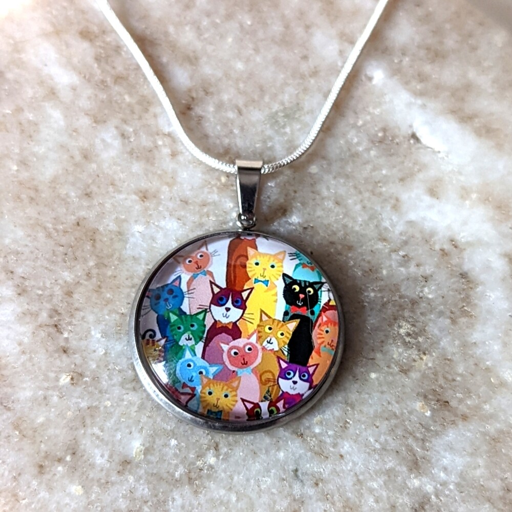 Cartoon Cats Hand Crafted Stainless Steel Charm Stamped Sterling Silver Necklace