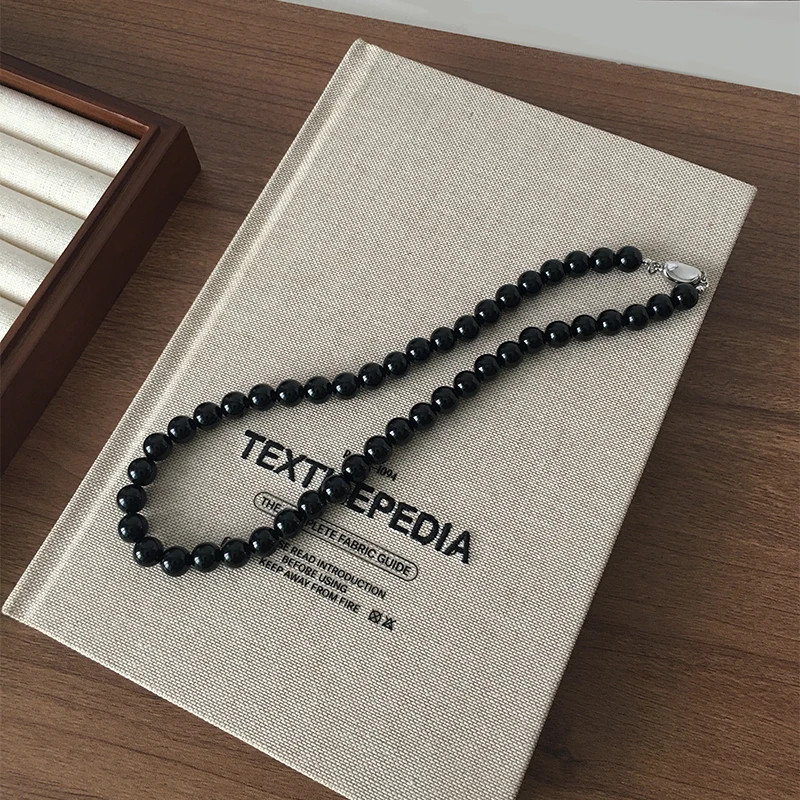 Fashion Punk Smooth Black Round Beads String Necklace for Women Men Unisex