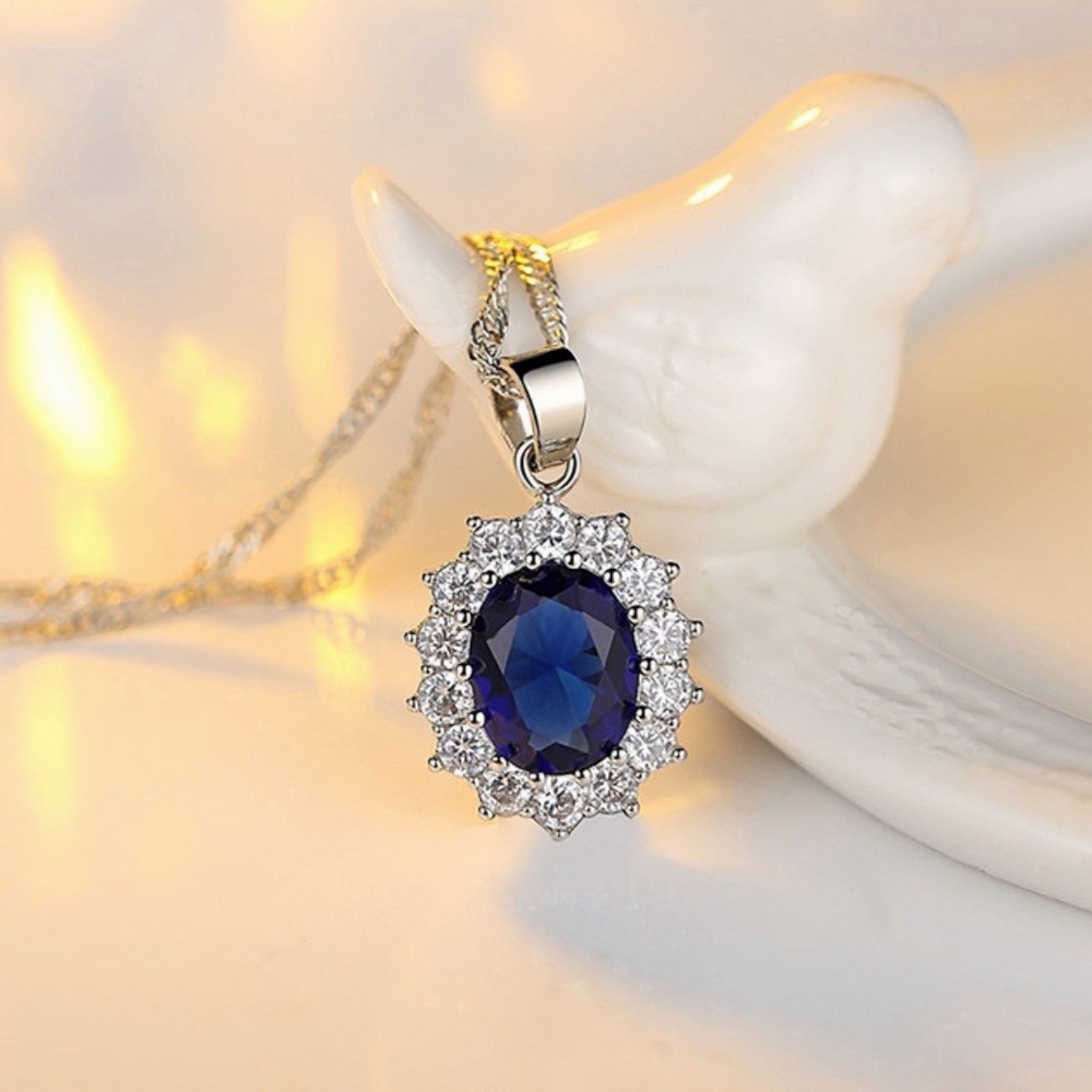 Fashion Women 925 Sterling Silver Necklace Crystal Simulated Sapphire Style A75