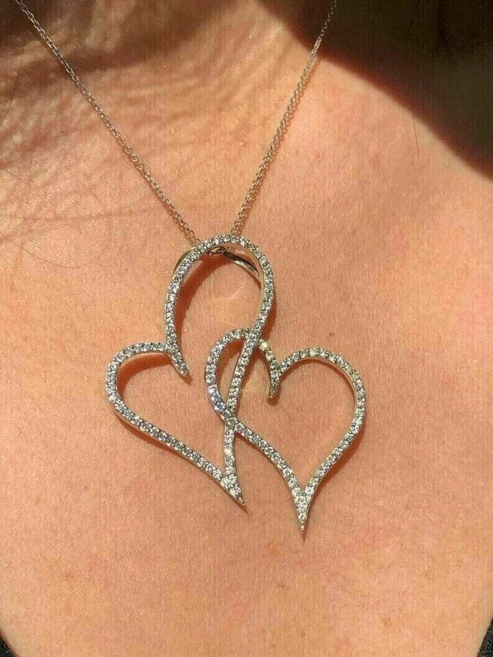 2Ct VVS1 Round Cut Diamond Large Double Open Heart Pendant 14K White Gold Plated