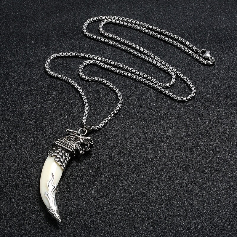 Men’s Fashion Jewelry Silver Viking Wolf Ivory Pendant Necklace 1-126
