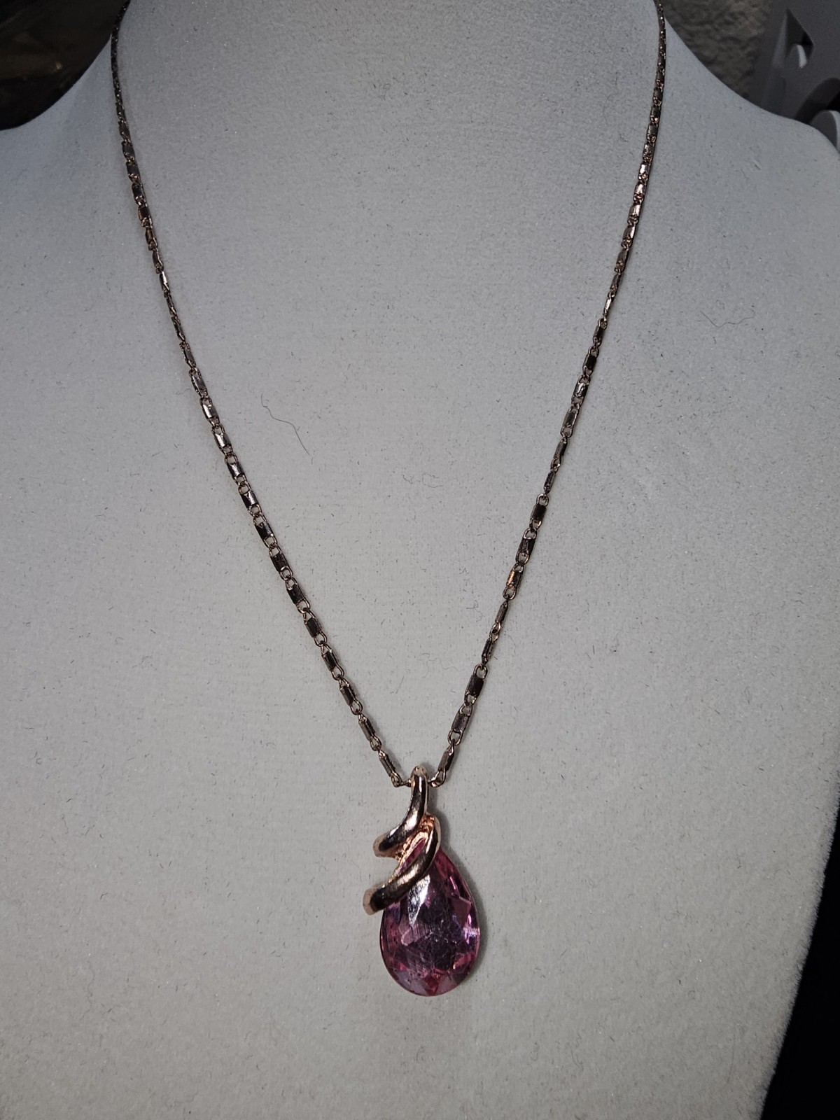 Pink Teardrop Pendant Necklace Rose Gold 16″ Chain