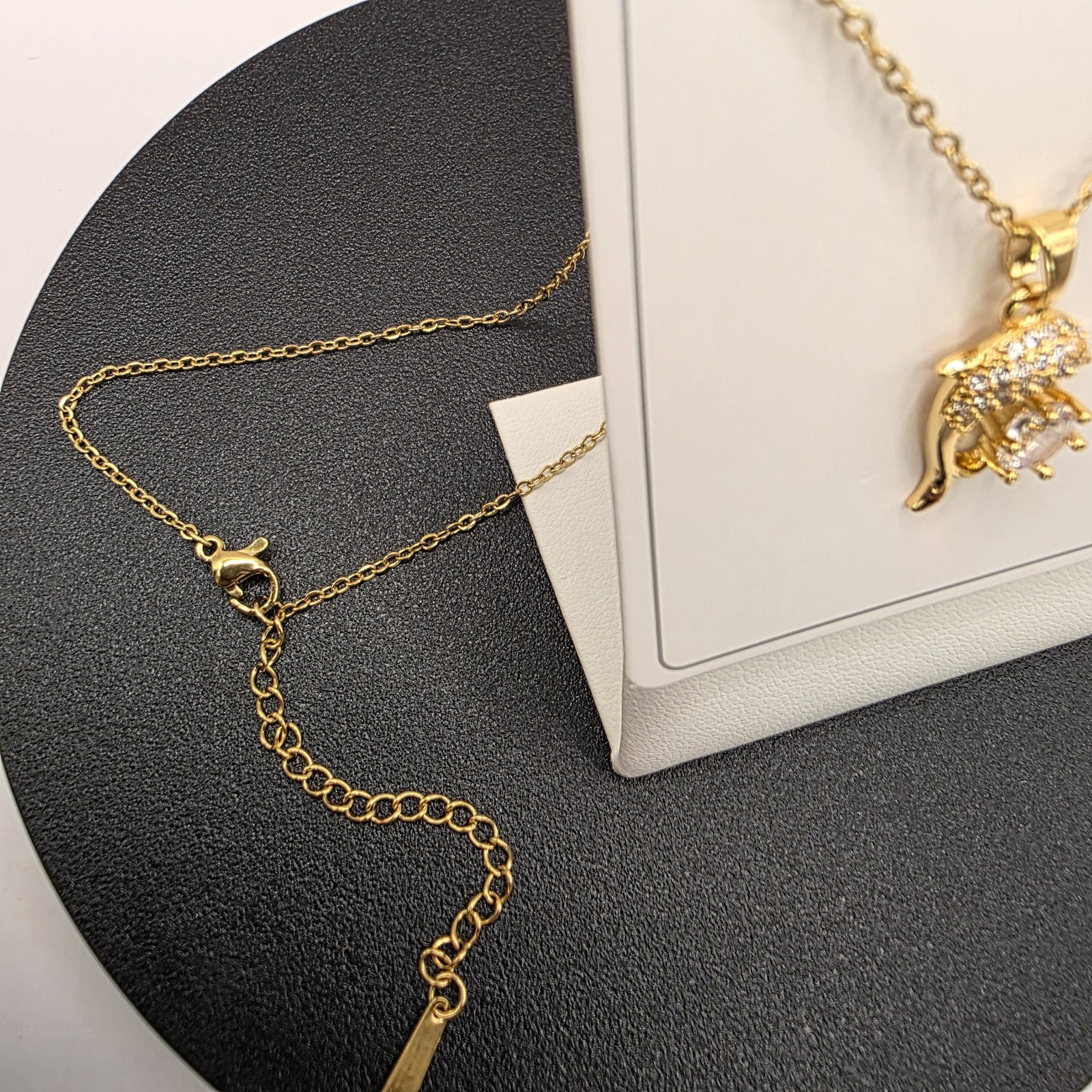 Stainless Steel Fashion Necklace 19mm Dolphin& 6mm CZ Copper Plated Length 16″