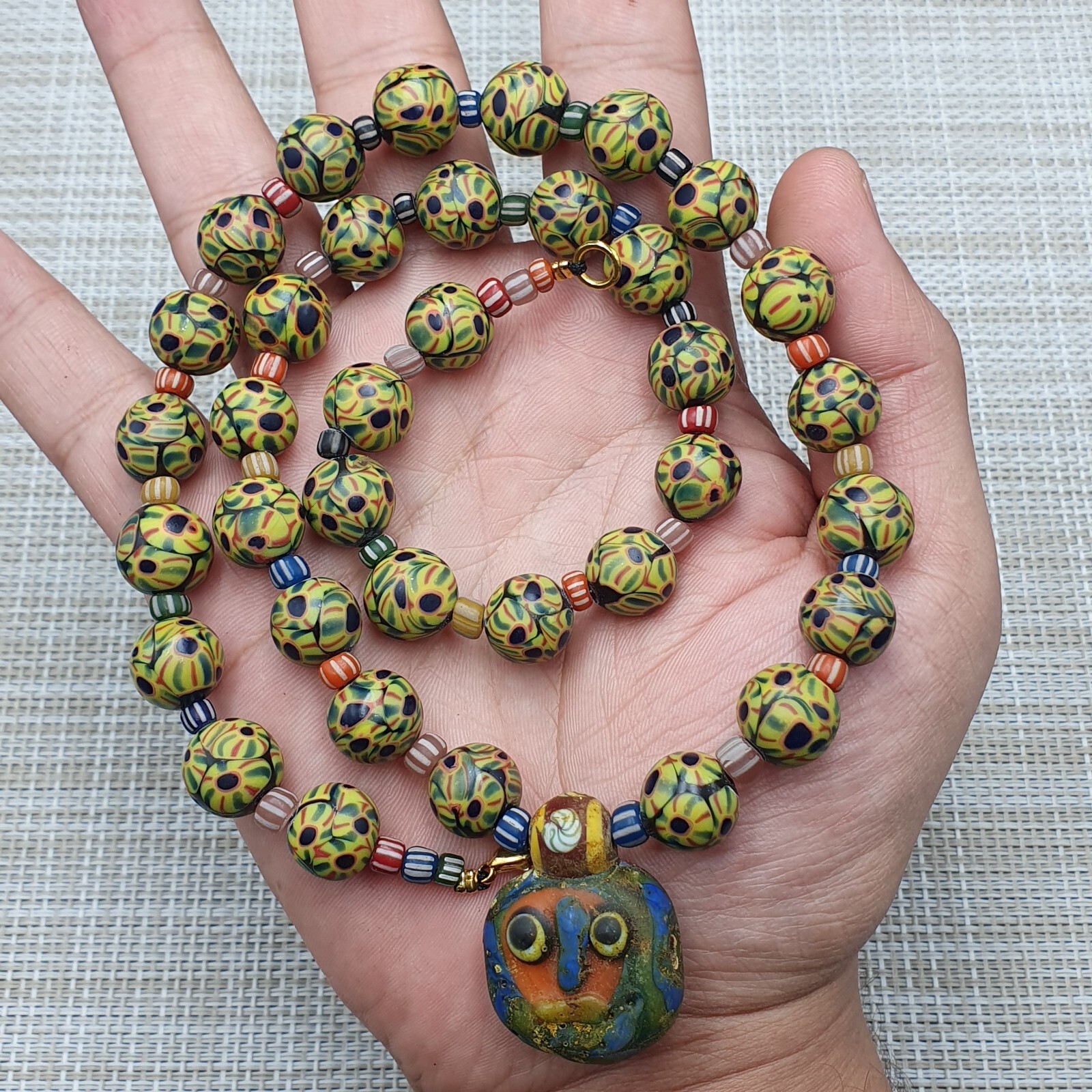 Stunning Vintage Venetian Style Eyes Glass With Old Face Glass Pendant Necklace