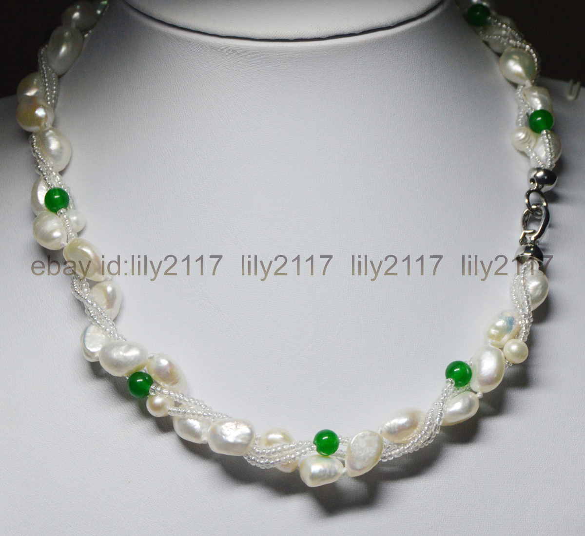 Genuine 3 Rows natural white baroque cultured pearl green jade gems necklace