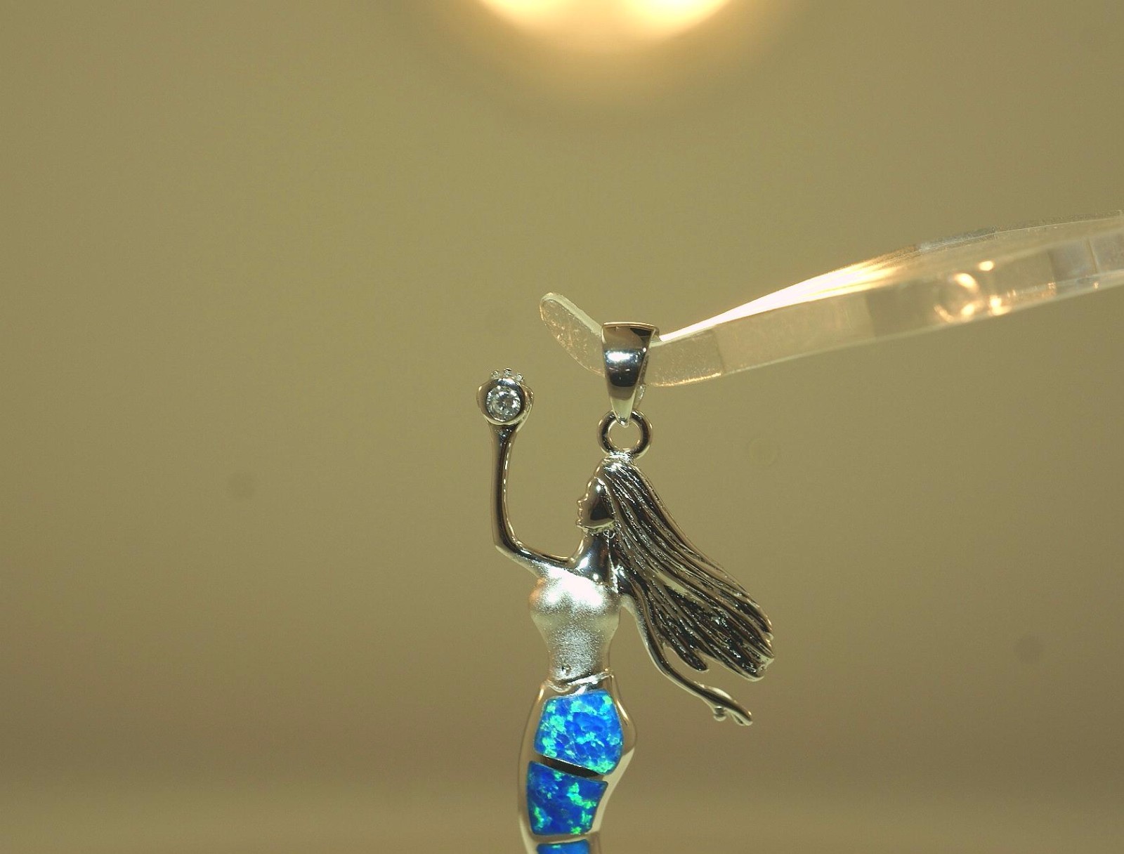 28MM RHODIUM 925 SILVER INLAID BLUE OPAL WIGGLING HAWAIIAN MERMAID CZ PENDANT
