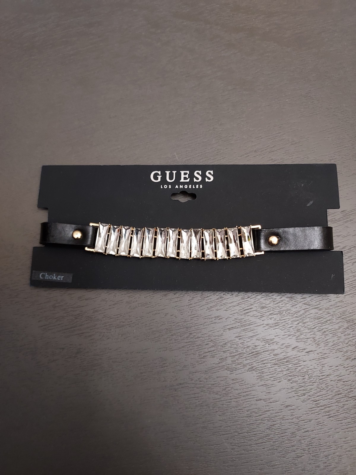 GUESS Rhinestone Choker Black Faux Leather Necklace .