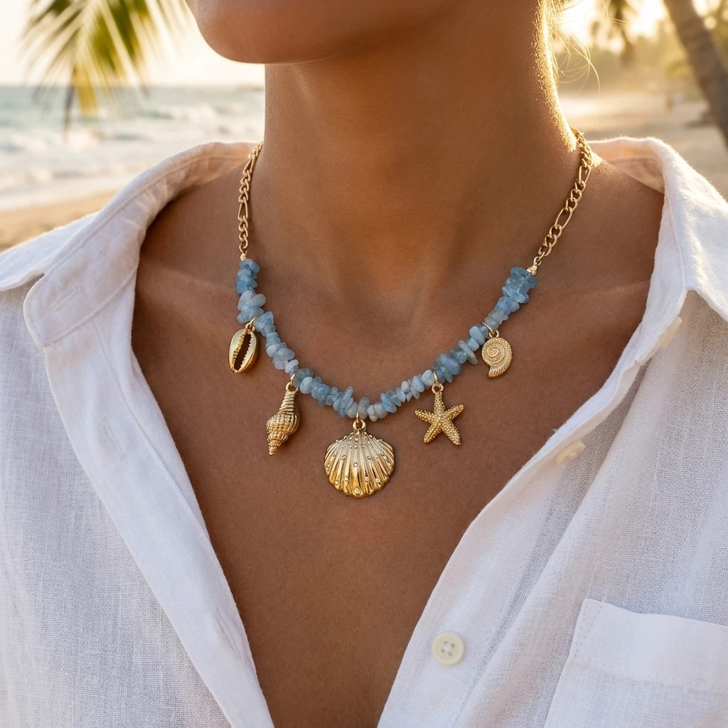 Light Blue Shell Starfish Conch Pendant Necklace for Women Summer Vacation Style
