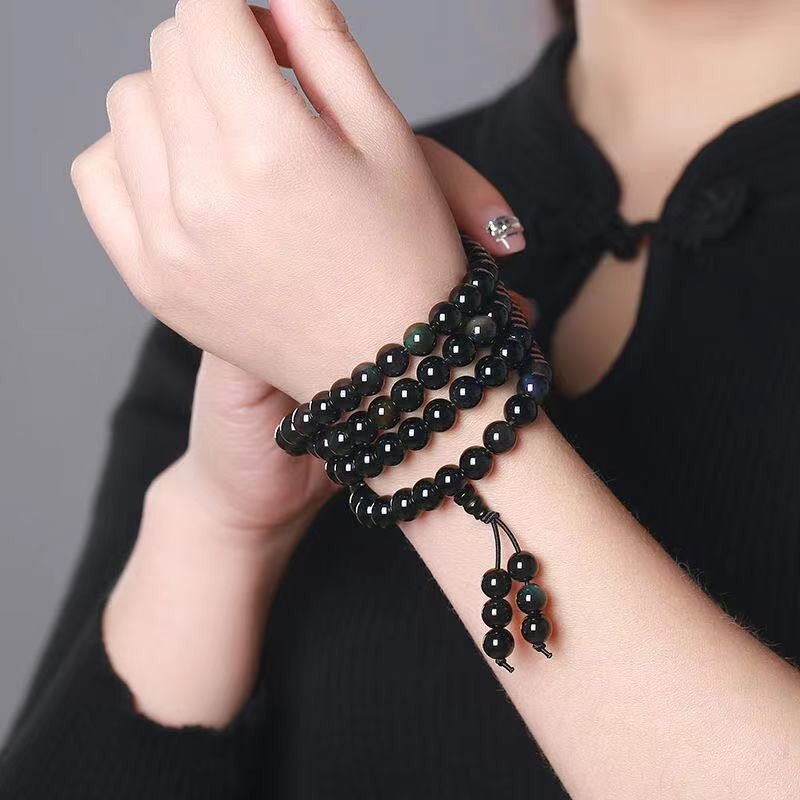 Rainbow Eye Obsidian 108 Mala Beads Prayer Necklace Multilayers Healing Bracelet