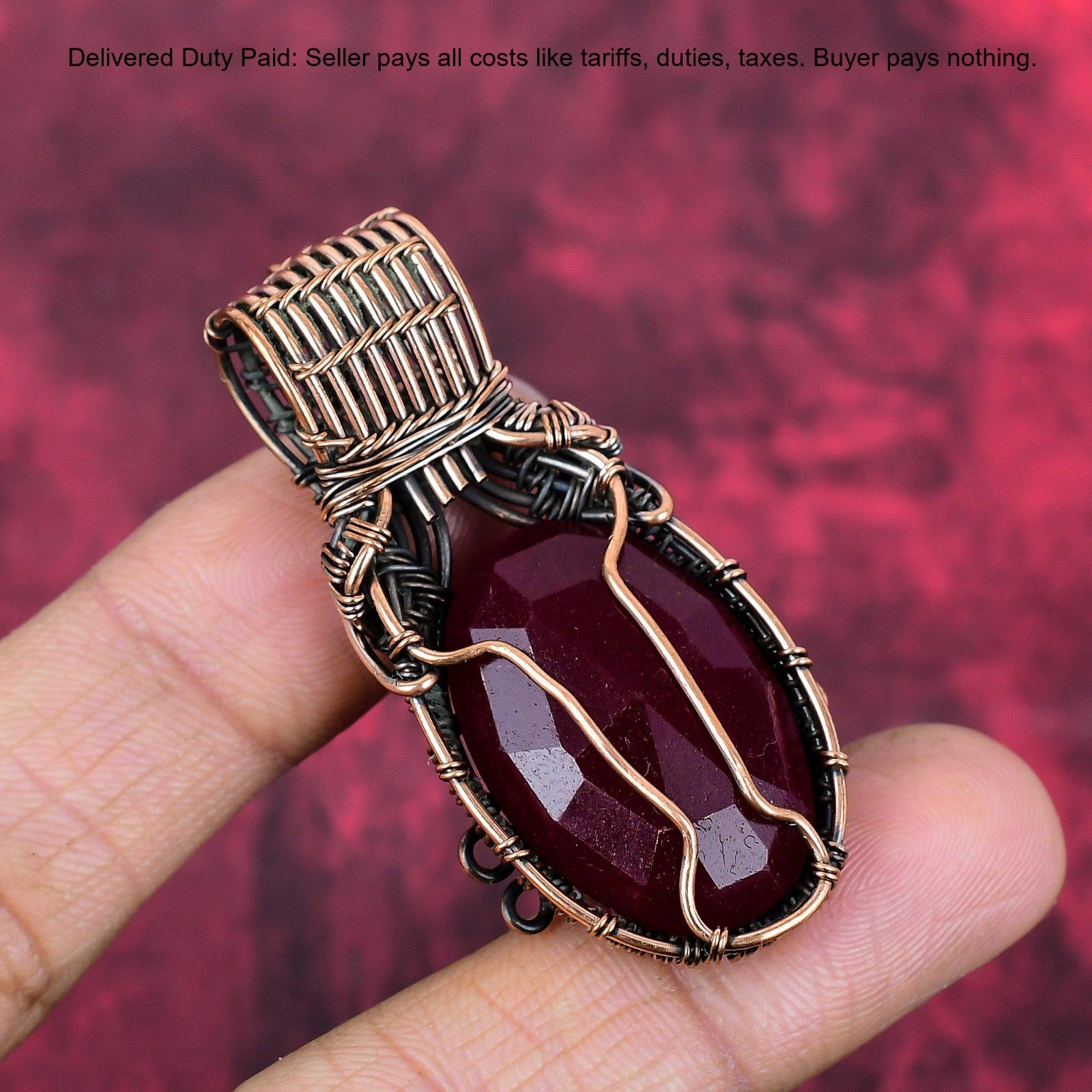 Kashmir Rubi Gemstone Art Deco Wire Wrapped Boho Daughter Pendant Jewelry Copper
