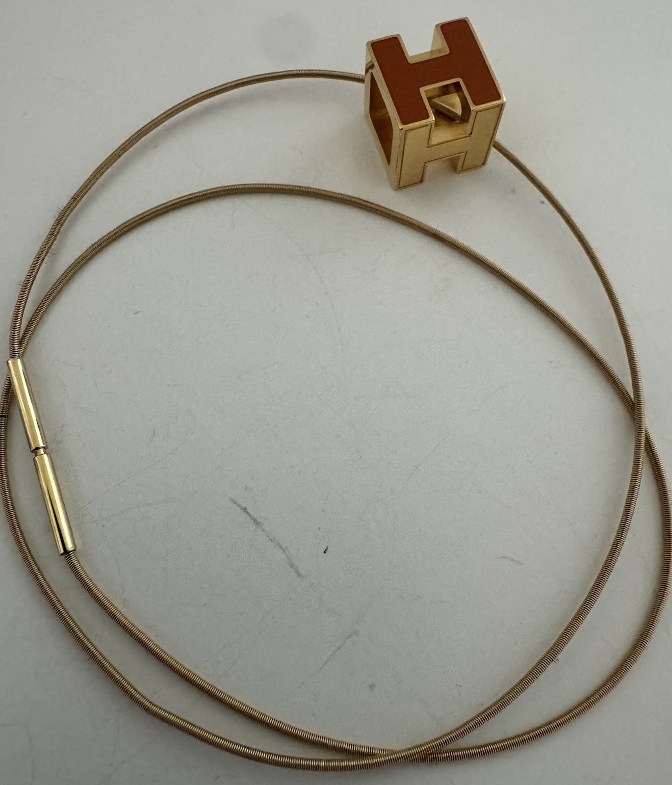 Estate Hermes Gold Tone Orange Enamel H Cube Necklace With Box