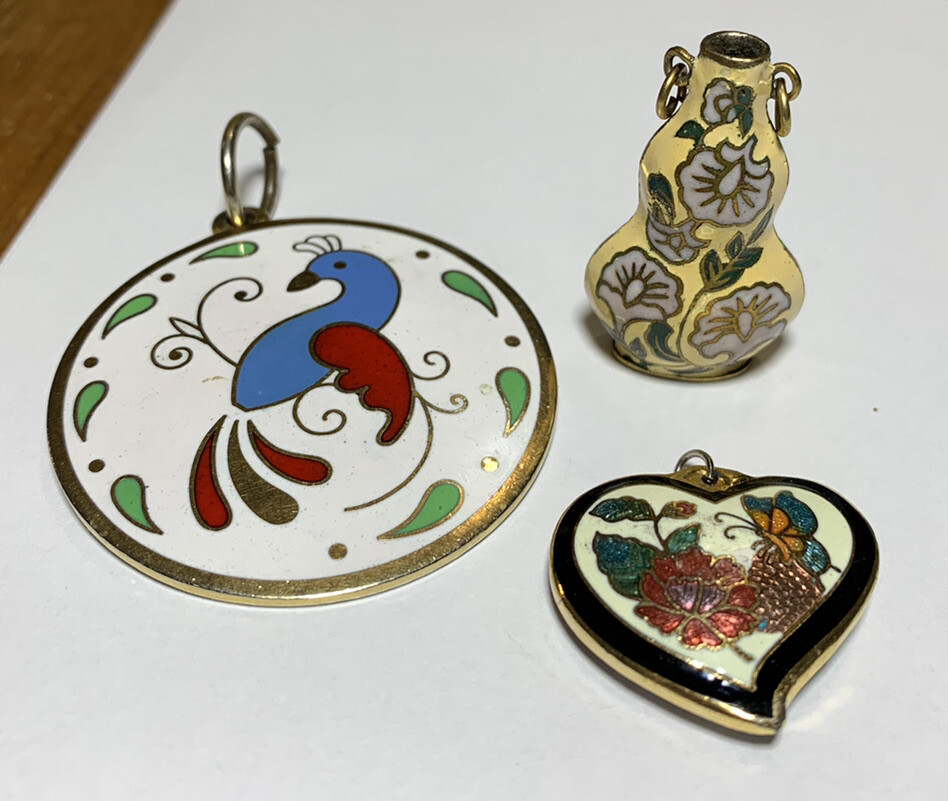 3 Various Enamel Pendants (Heart, Vase, Distelfink Bird) No Chains