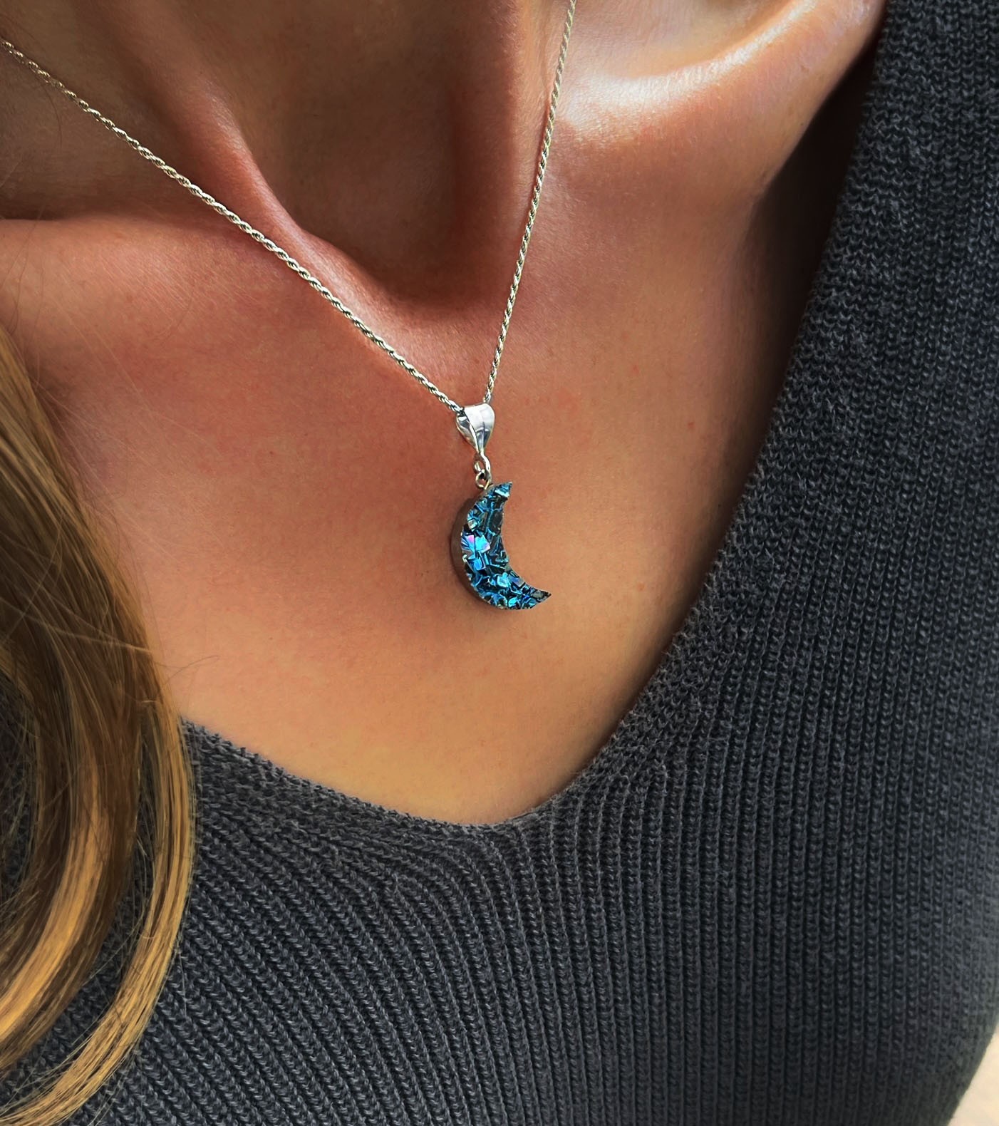 Bismuth crystal blue moon necklace, new, handmade, celestial jewelry Element 83