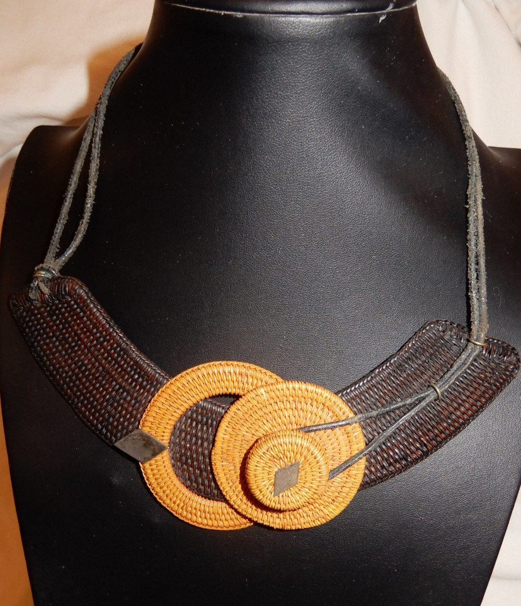 Jewelry – Woven Two Toned Rattan Indonesian Choker Necklace on Adjustable Cord