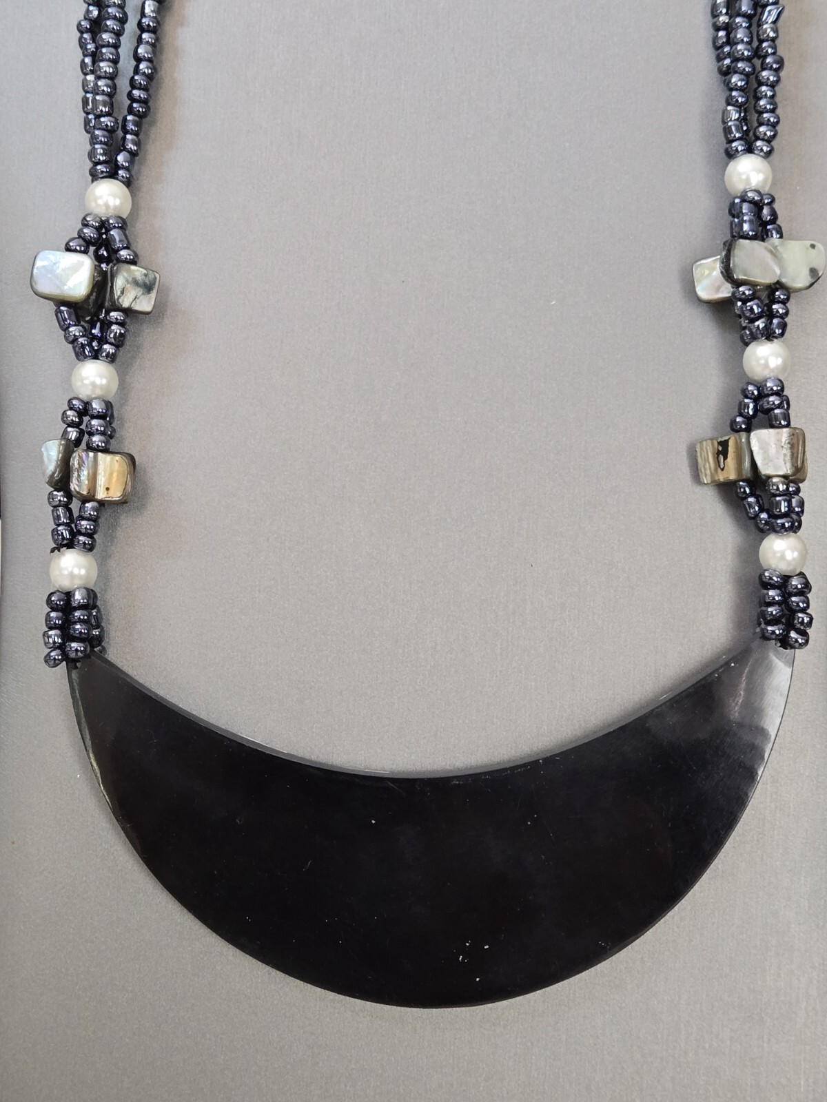 Black Beaded Moon Shell Multi Strand Necklace 22 Inches