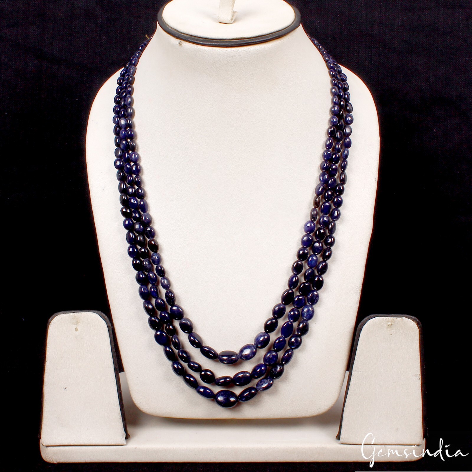 Natural Dark Blue Sapphire Oval Beaded 3 Strand Adjustable Necklace Jewelry 22″