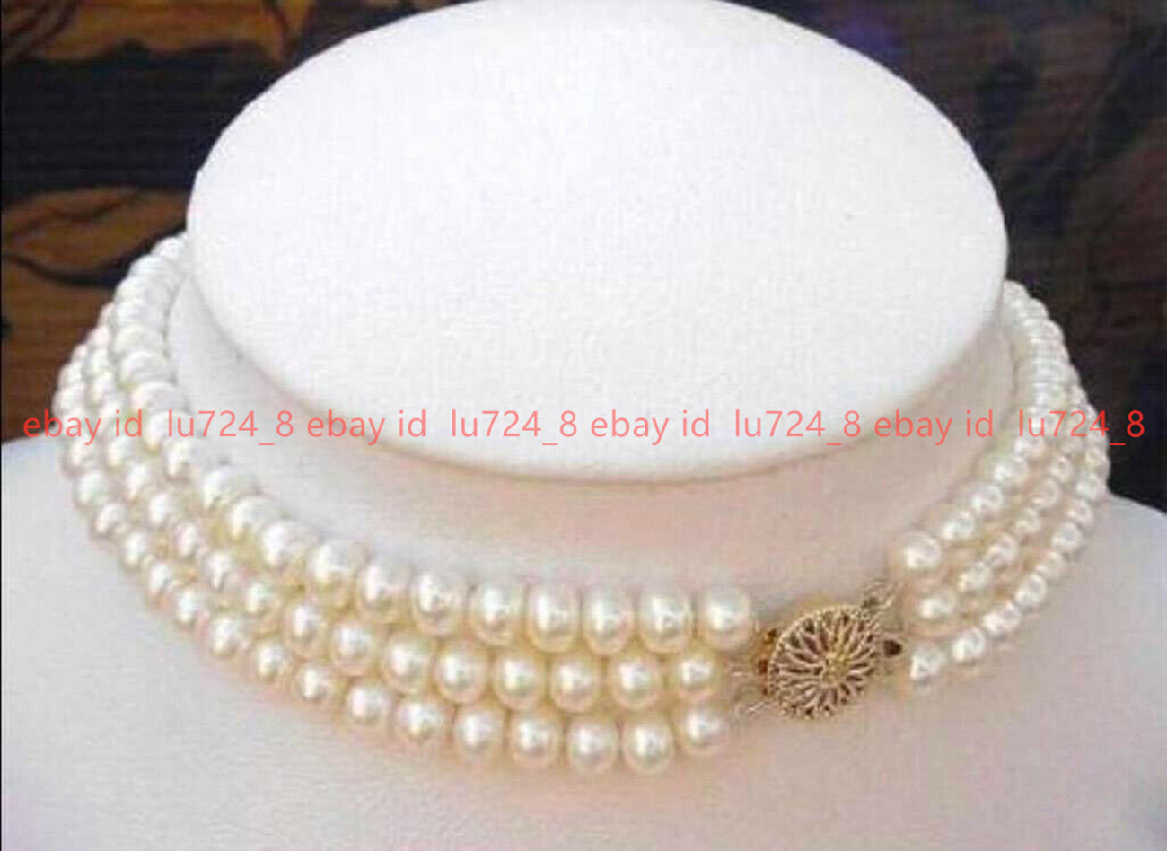 7-8MM Natural 3 Rows White Freshwater Cultured Real Pearl Necklace 17-19″