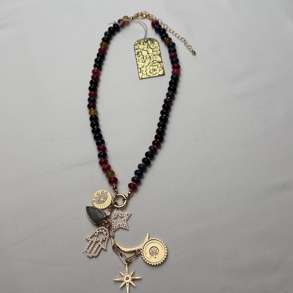 Boho Beaded Charm Necklace Gold Tone Hamsa Star Moon Evil Eye Celestial Gemstone