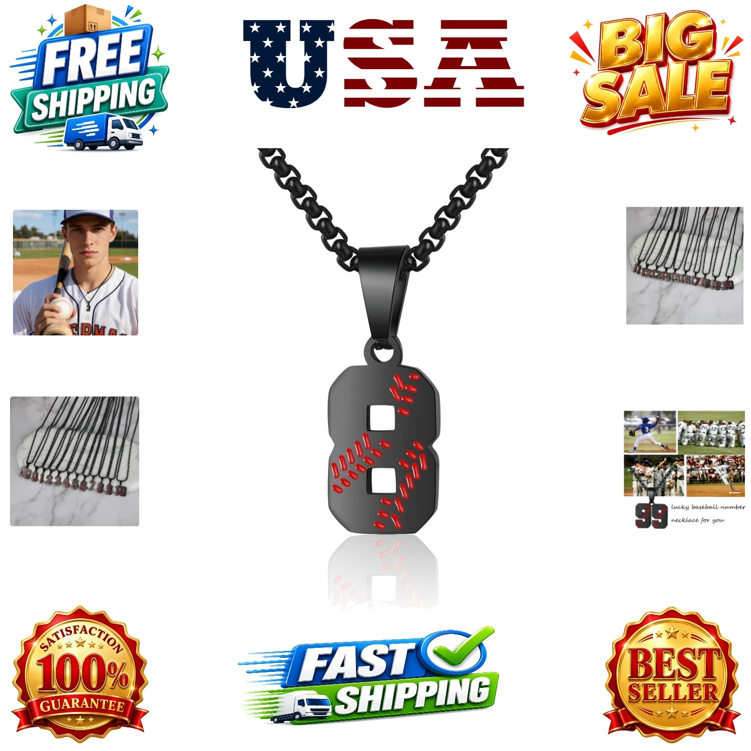 Baseball Number Necklace – Stainless Steel Chain Pendant for Men Athletes 00-…