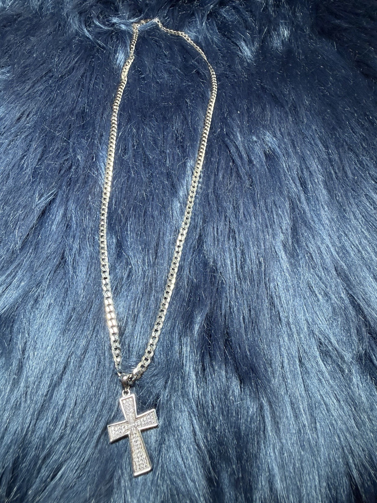Silver Tone Cuban Link Chain Necklace Cross Pendant Clear Pavé Crystals