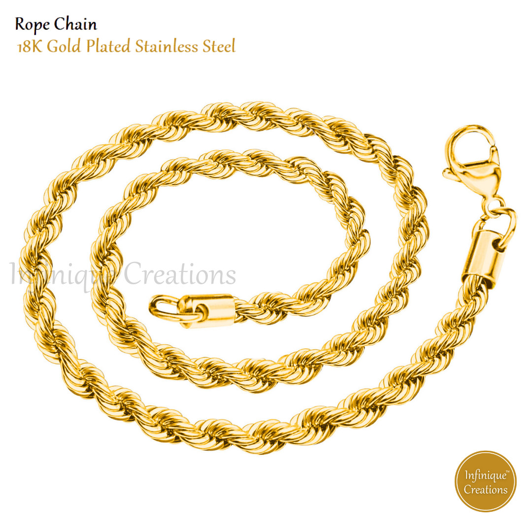 18K Gold Plated Stainless Steel Rope Chain Bracelet Necklace Men Women 2-8mm