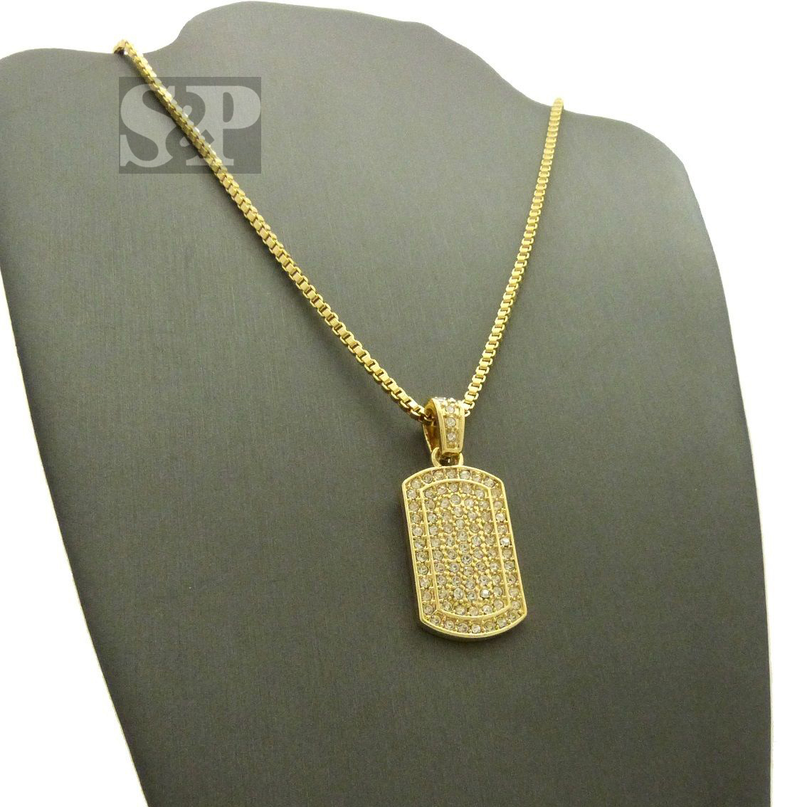 Hip Hop Iced Mini Army Gold Plated CZ Dog Tag Pendant 24″ Box Chain Necklace
