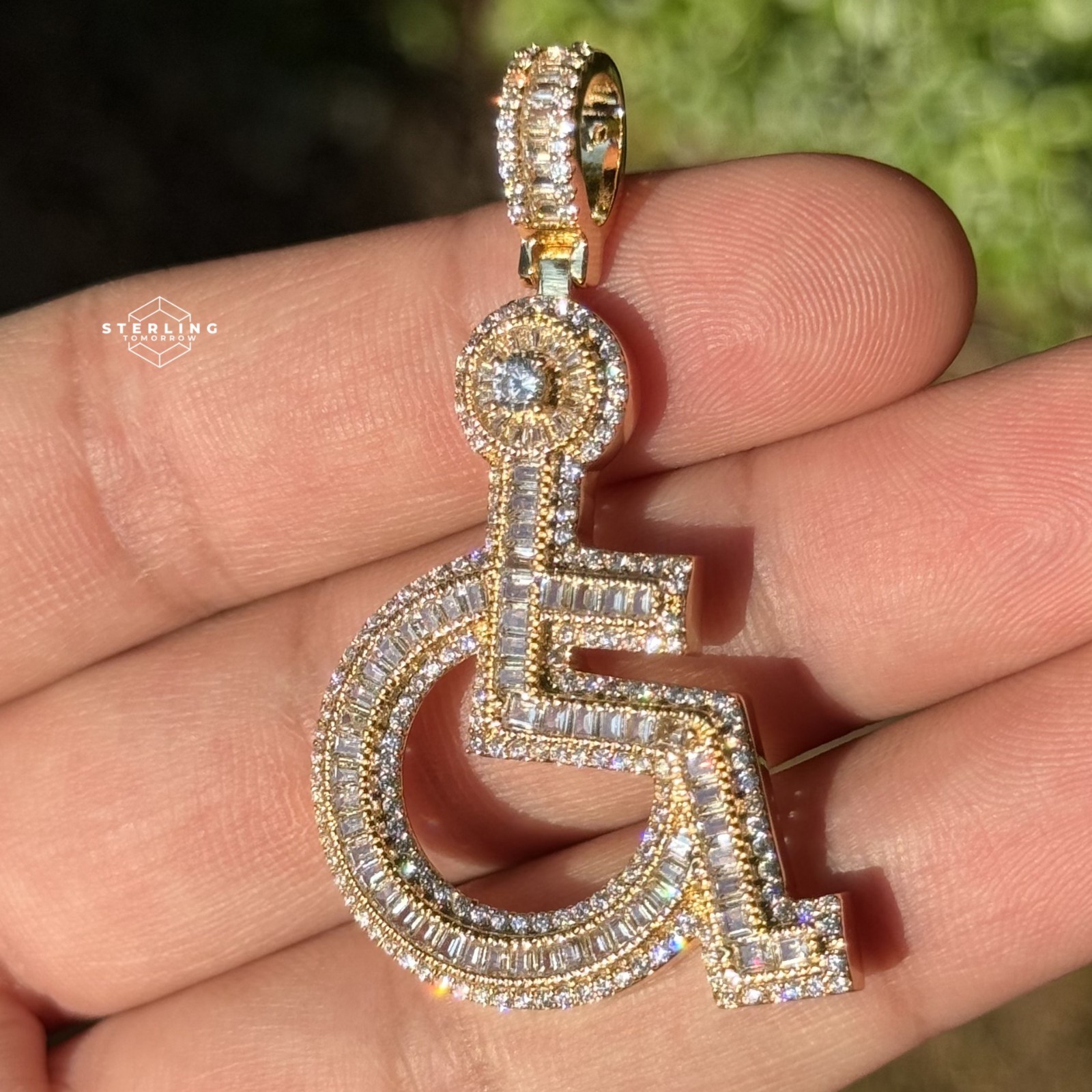 14k Gold Plated Iced Out Wheelchair Pendant Bling + AntiTarnish Rope Chain