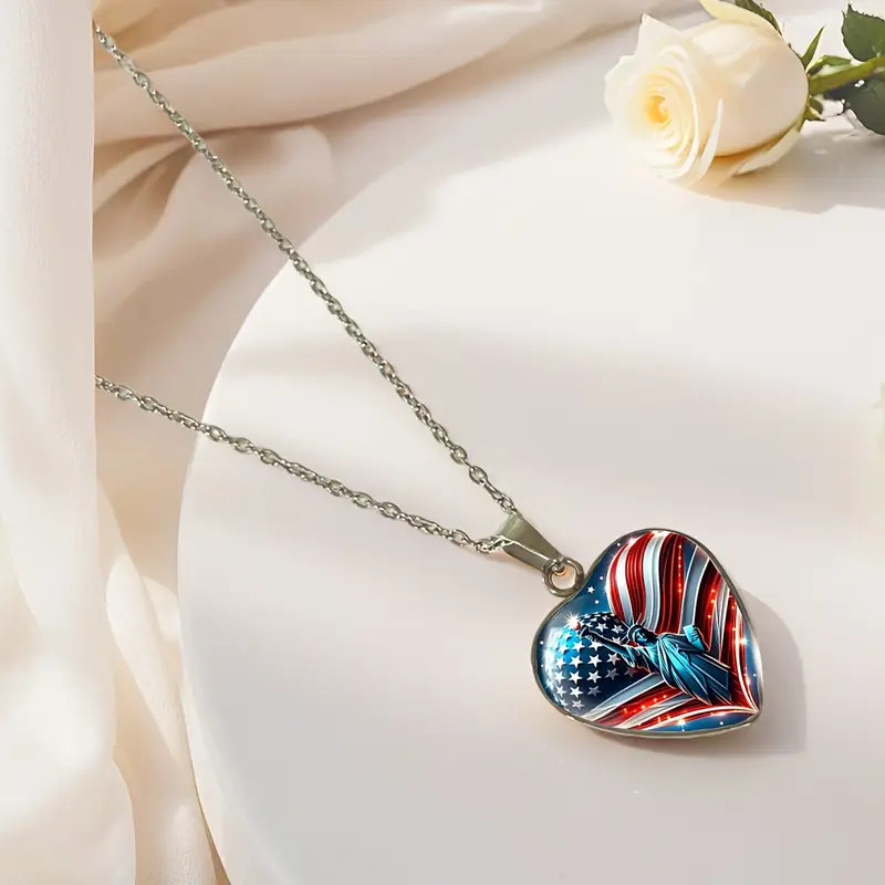 American Flag & Statue of Liberty Heart Shaped Pendant Necklace Jewelry