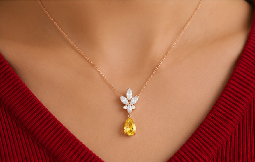 4ct Pear Cut Simulated Yellow Citrine/Diamond Drop Necklace 14k Rose Gold Plated