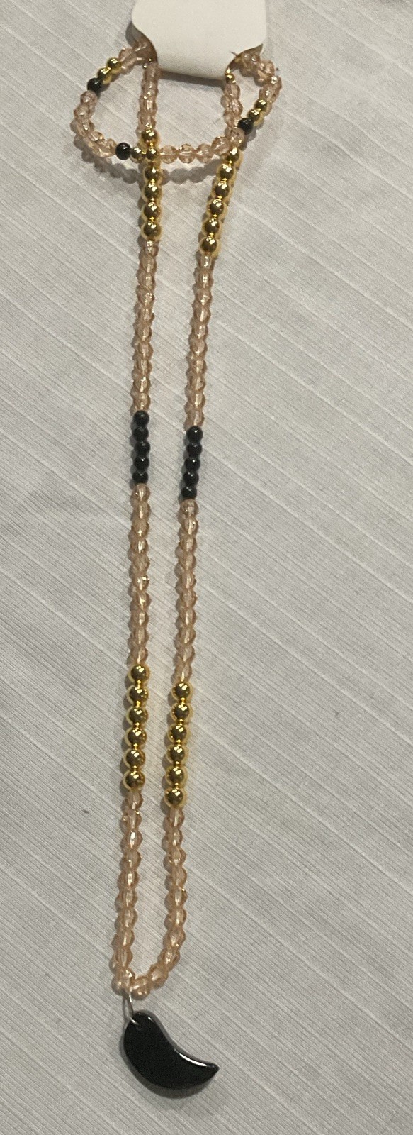 Gold Tone Black Beaded Necklace Ball/Bead Chain Crescent Moon Charm Pendant