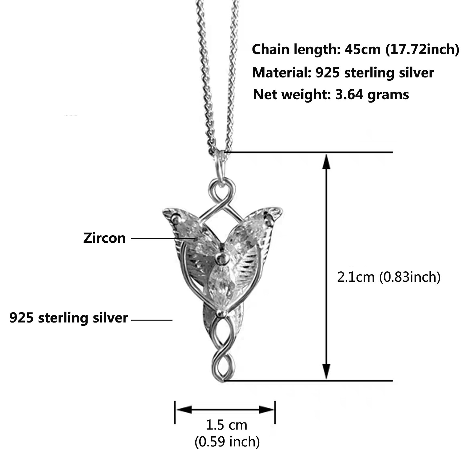 LOTR Arwen Evenstar Zircon 925 Sterling Silver Fine Pendant Necklace Ladies Gift