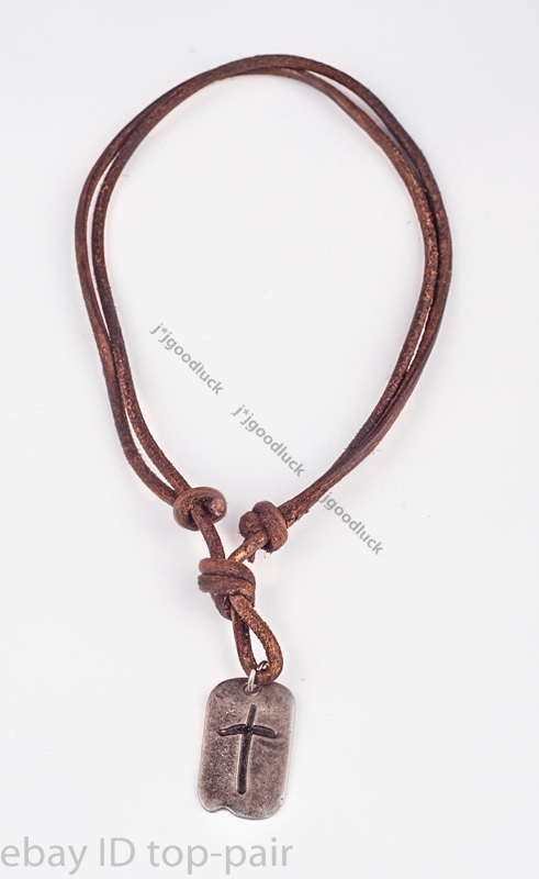 Mens Retro Metal Cross Pendant Genuine Leather Surfer Choker Bead Necklace