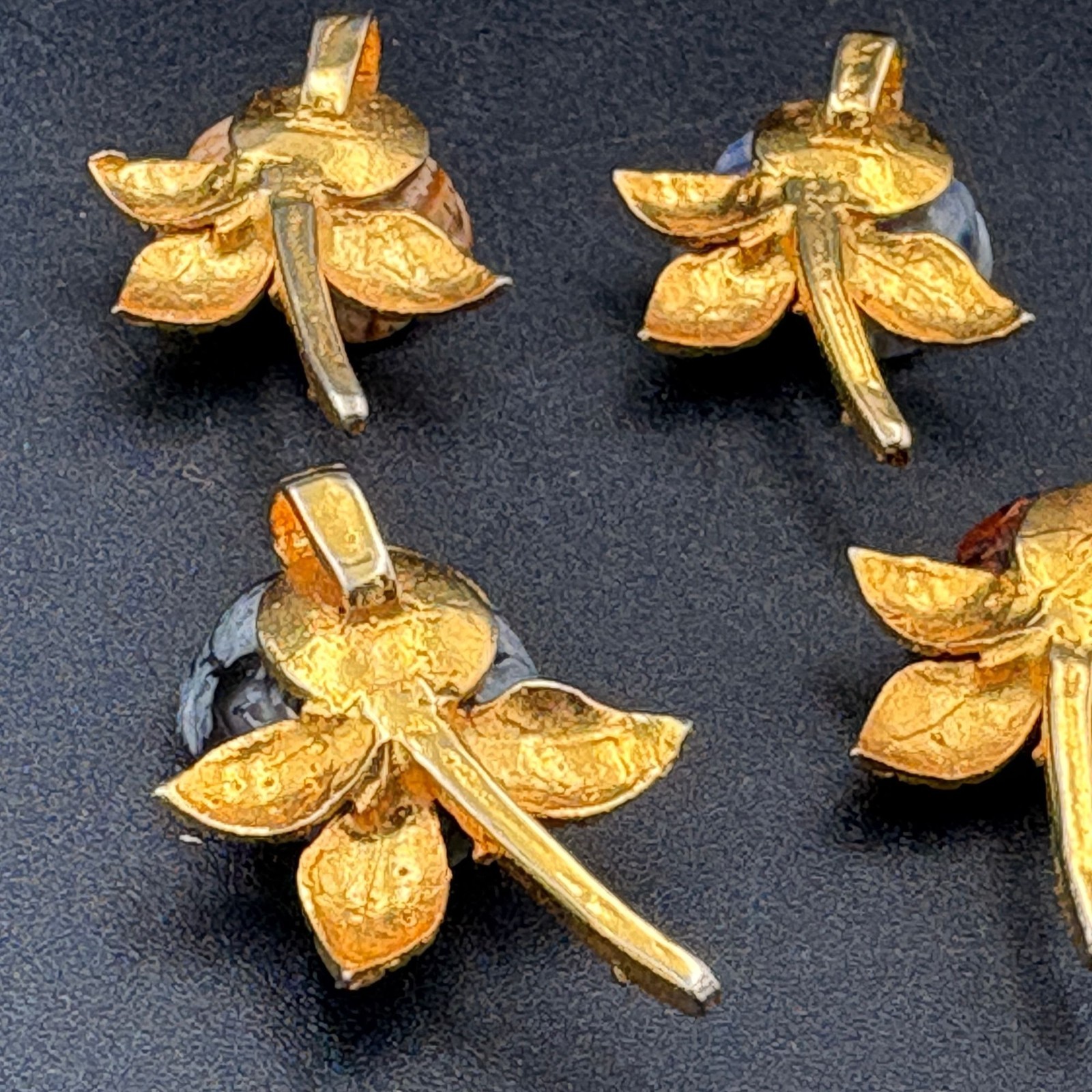 Handcrafted Stone Rose Pendants With Golden Tone Stem & Leaf Design Lot of 4