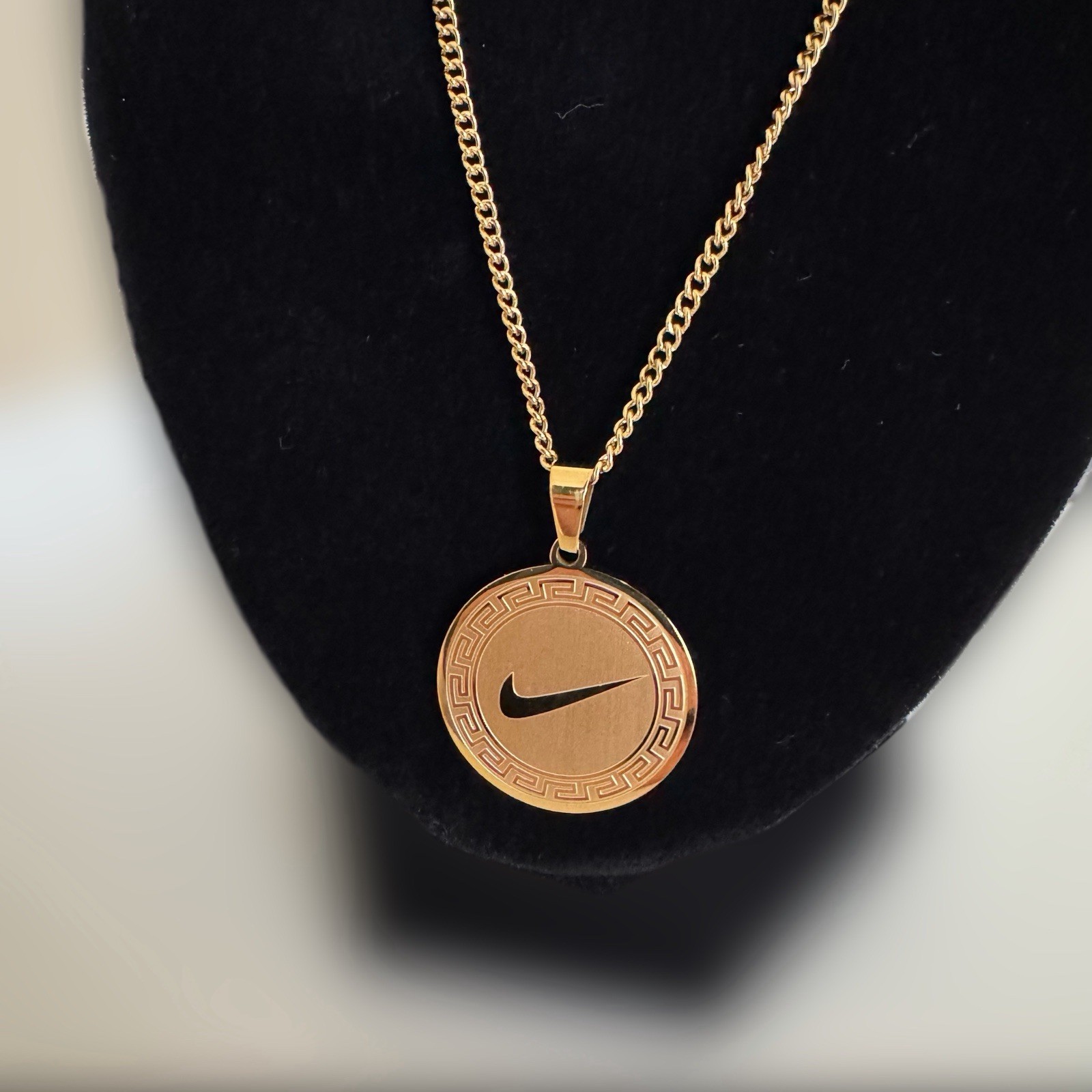 20” Circular Nike Swoosh Pendant + Necklace Gold Plated Stainless Steel