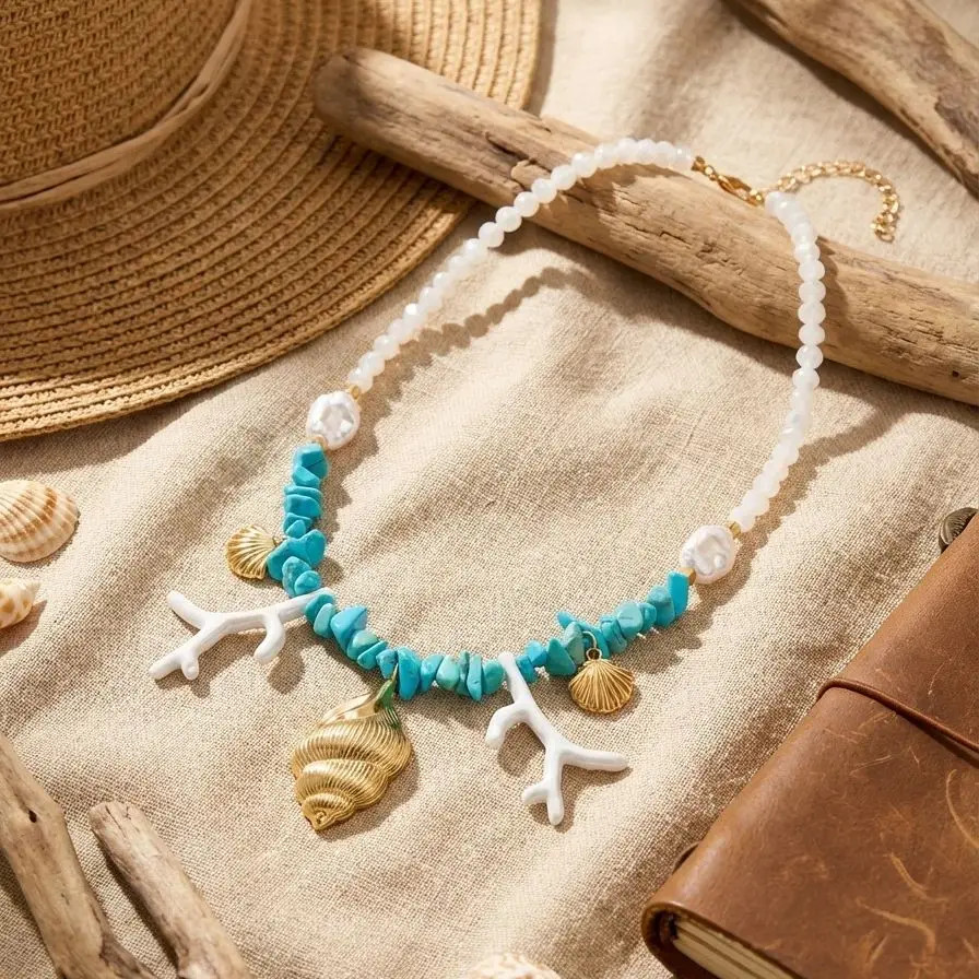 Bohemian Blue Irregular Stone Beaded Choker for Women Exaggerated Conch Coral Pe