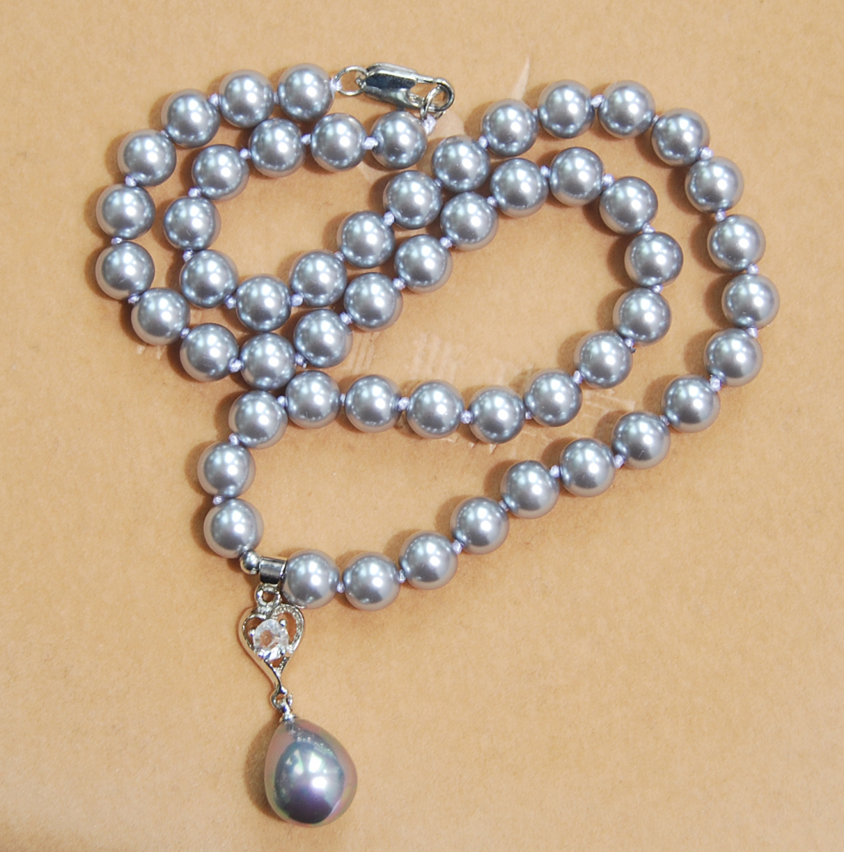 Long 16″-24″ 8mm Gray Shell Pearl Round Beads Drop Pendant(12x16MM) Necklace AAA