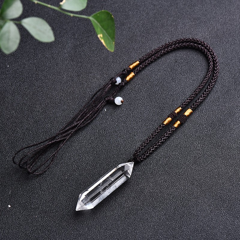 White Colorless Quartz Crystal Hexagonal Point Pendant Healing Amulet Necklace