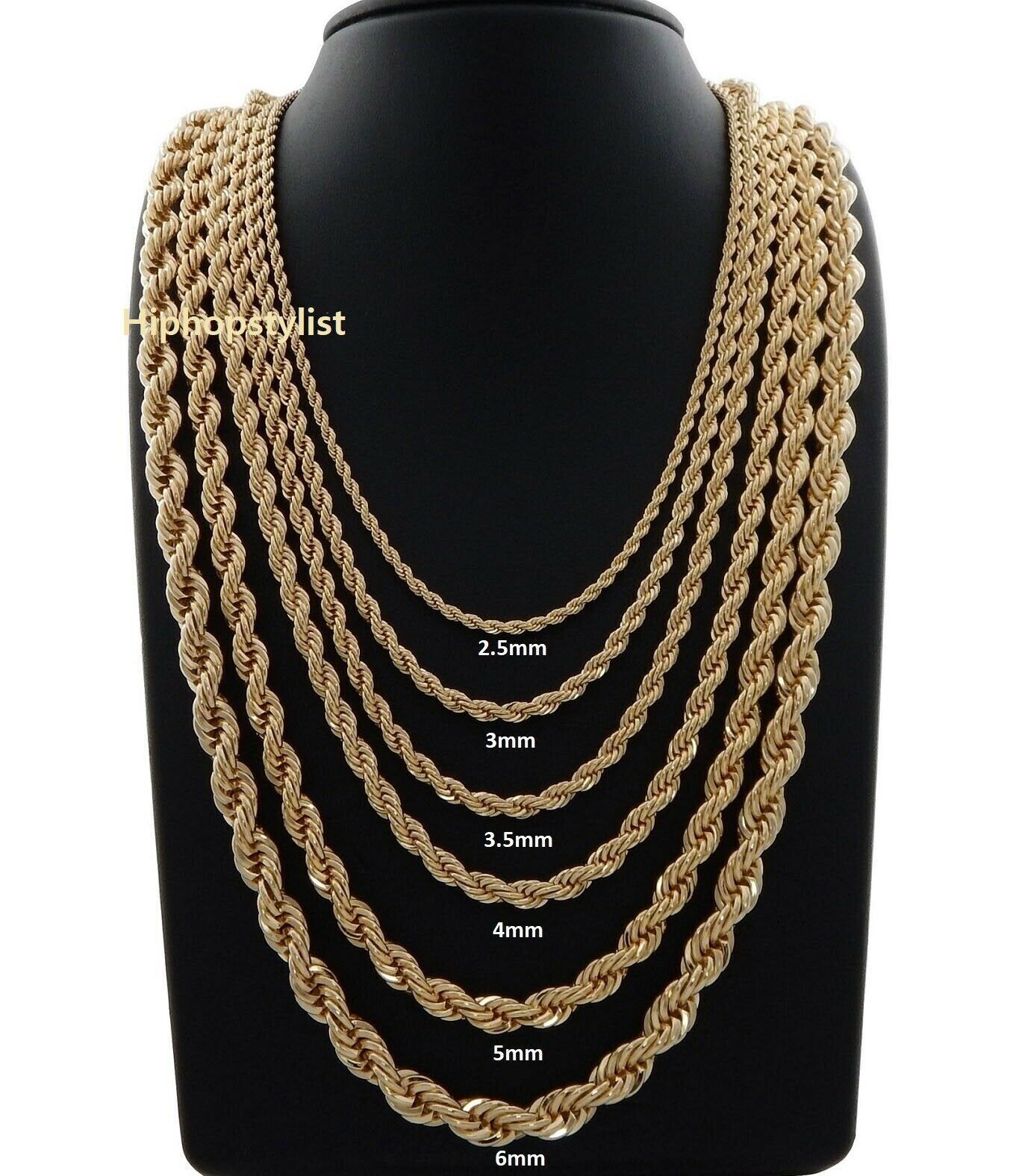 Hip Hop Rope Chain Necklace 2mm to 10mm 16″ 18″ 20″ 24″ 30″ 36″ 14K Gold Plated