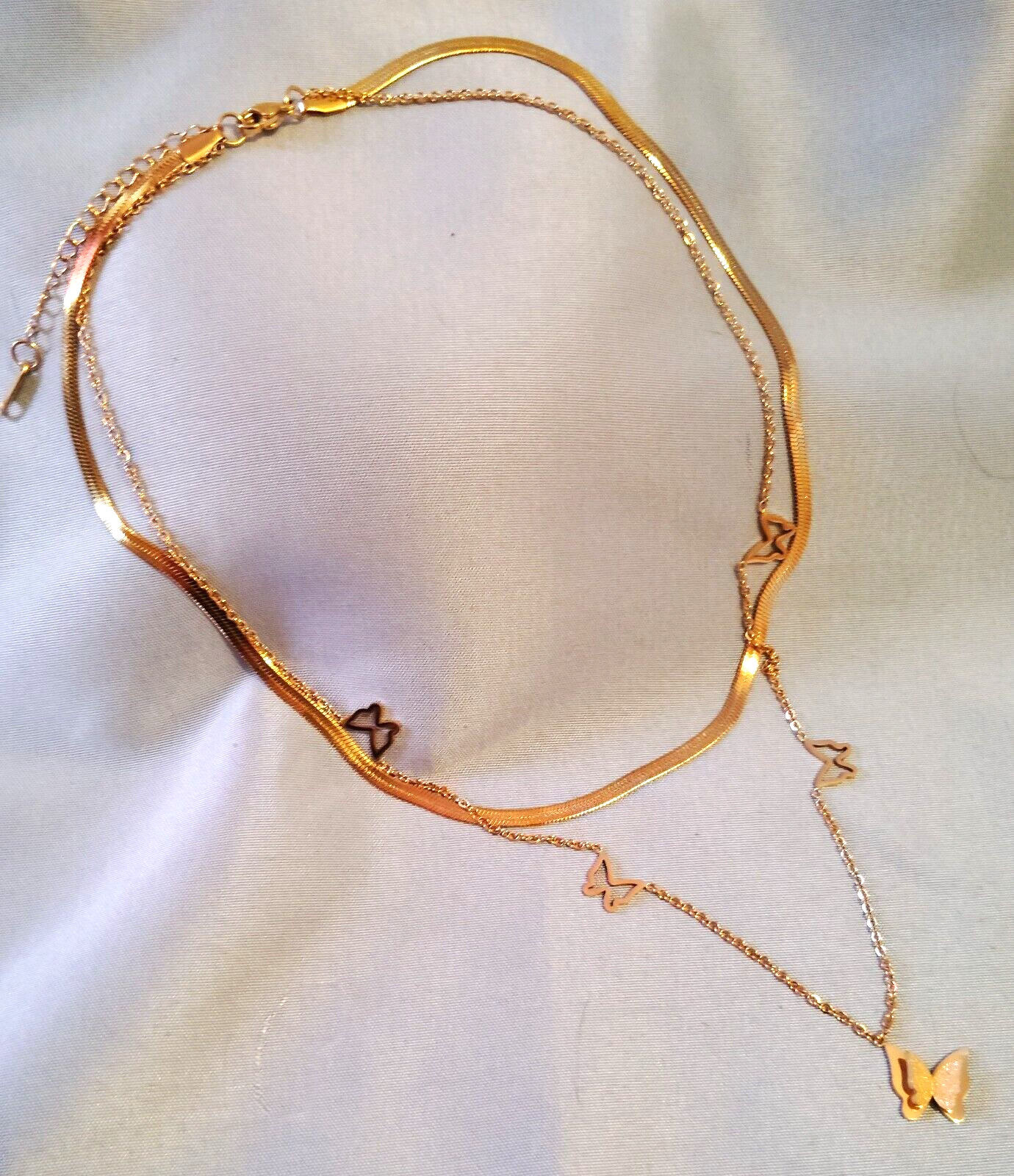 Butterfly Pendant Necklace 16in Herringbone Choker 12in Set Gold Tone New Box