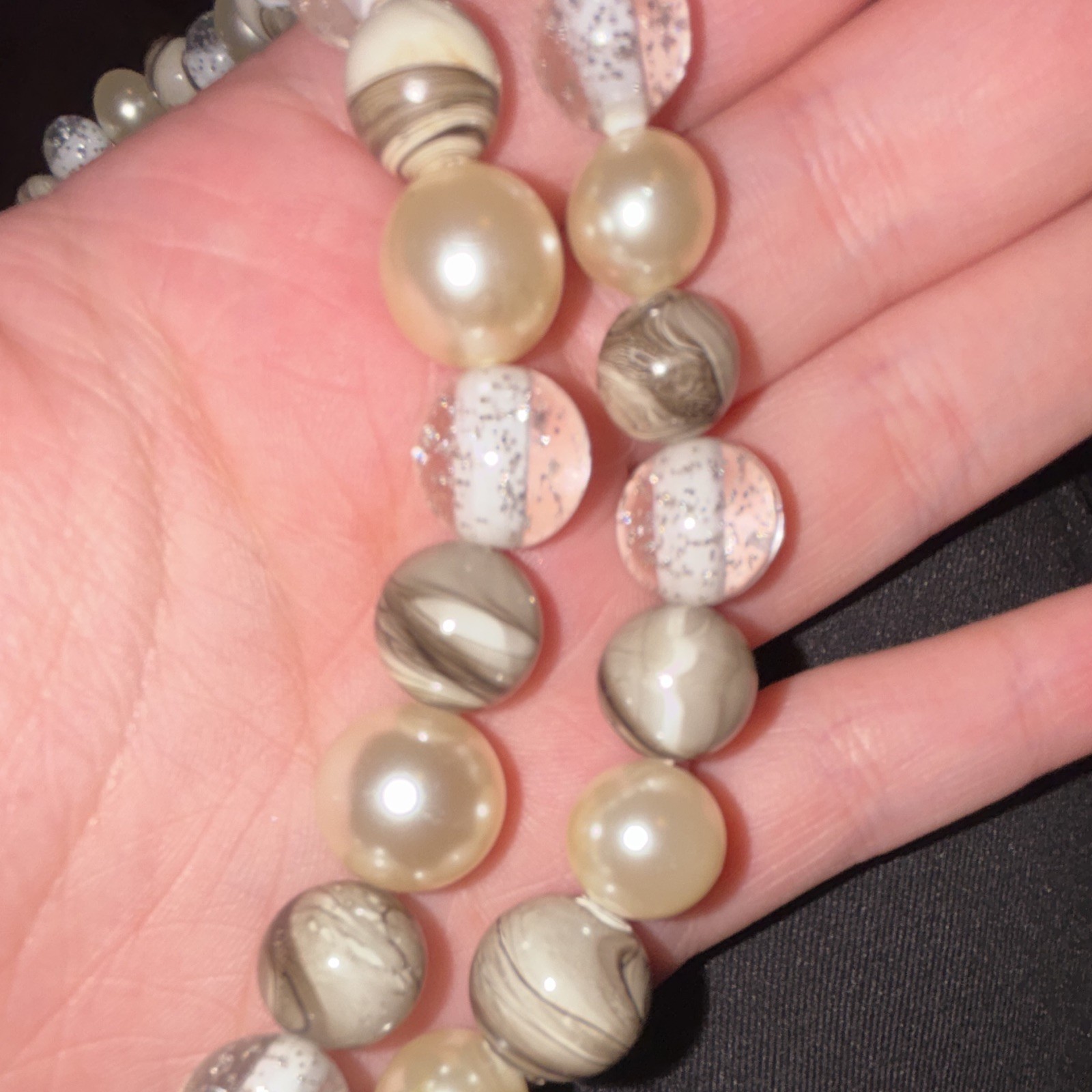 Cream Genuine Pearl & Clear Glass Beaded Necklace Silver-Tone Toggle Cable Chain