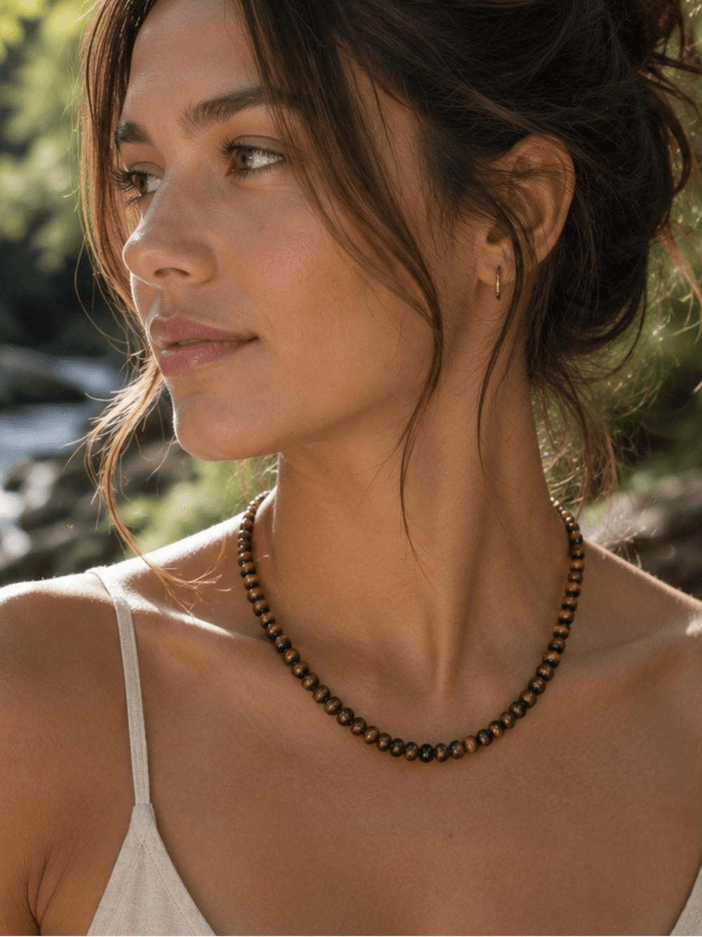 Gold-Tone Tiger’s Eye Unisex Beaded Necklace – Brown natural stone by Mayamar