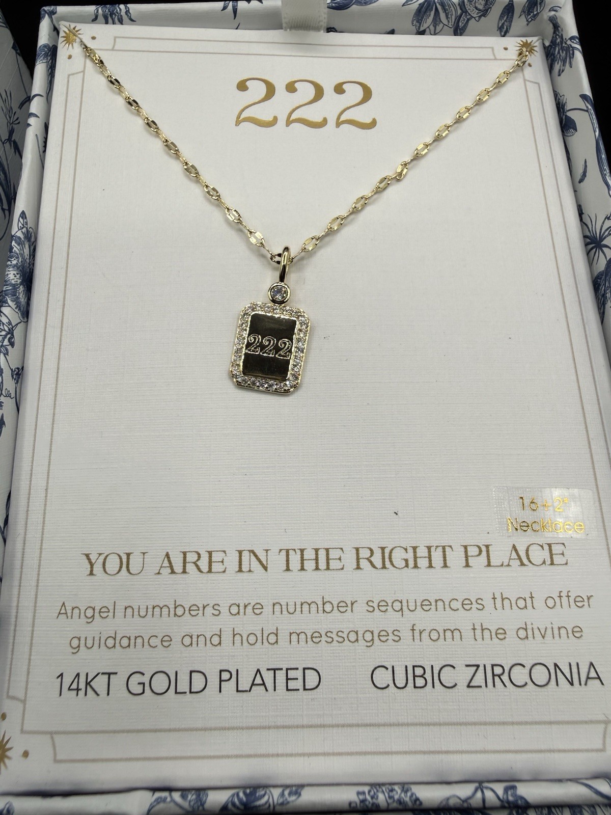 “222” Gold Plated CZ Necklace Square Design New Fancy In Box