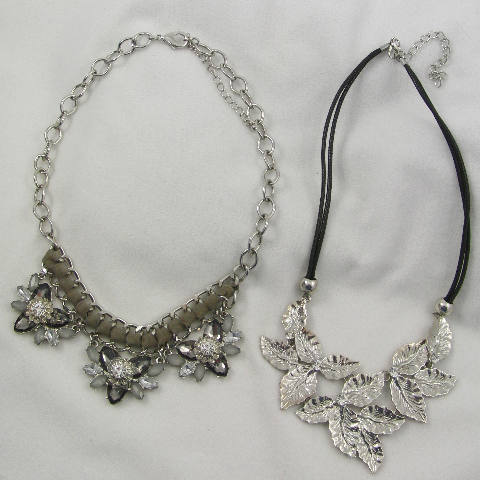 lot 2 necklaces silver leaves & flowers gray & clear rhinestones leather strip