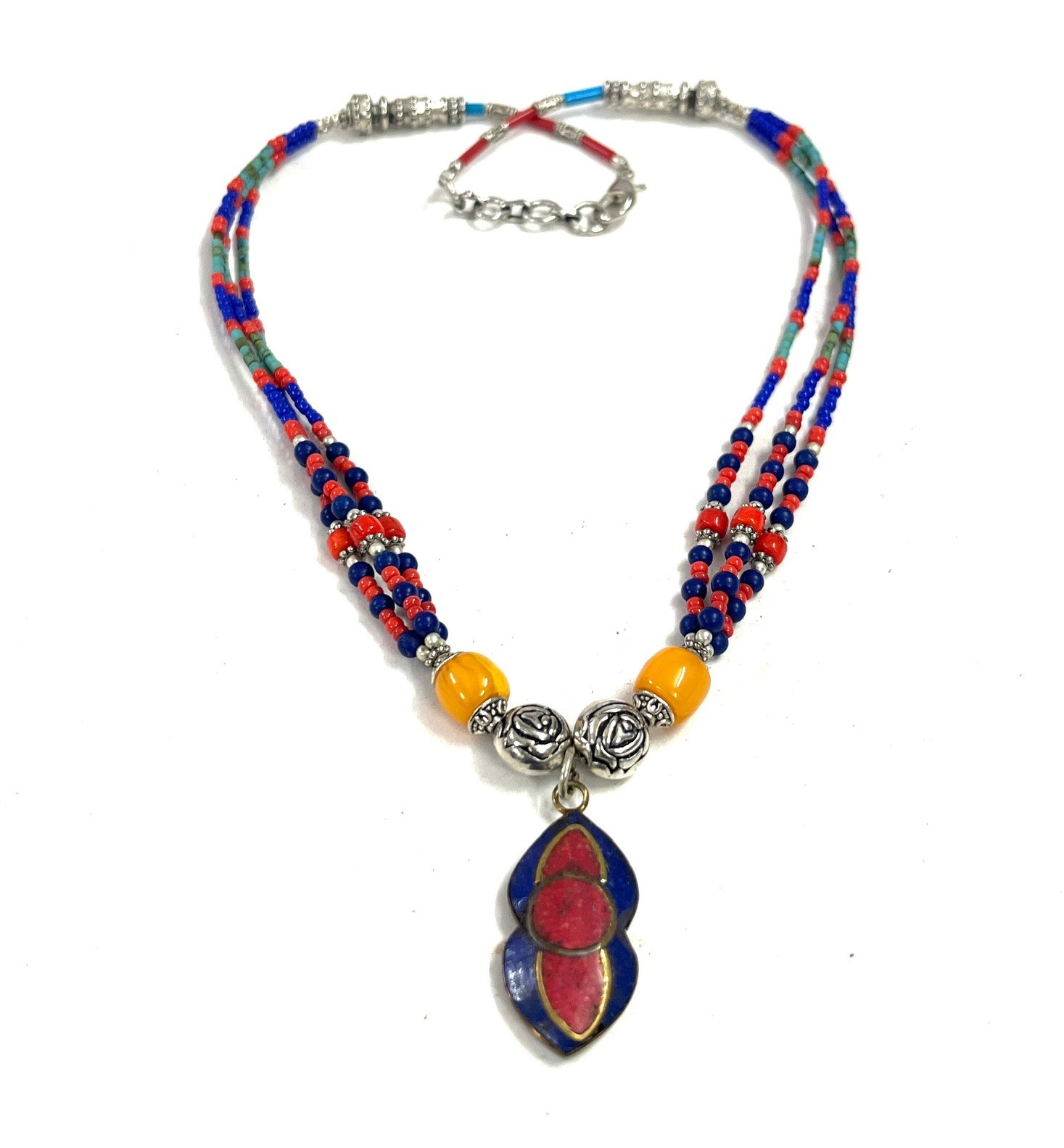 Red Coral Lapis Gemstone Tibetan Style Handmade Necklace Jewelry, 17 Inch Adjst